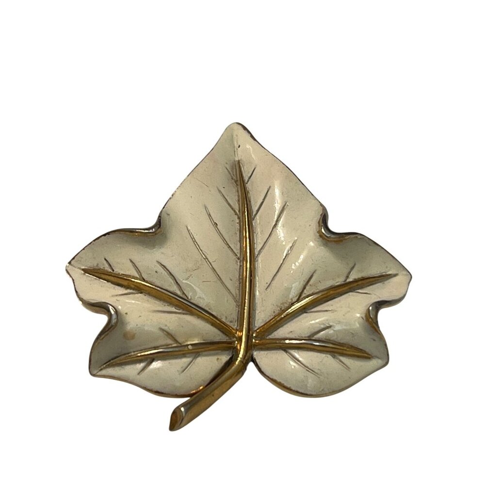 Vintage Crown Trifari Leaf Brooch Pin Gold Tone White Enamel 2.5" tall